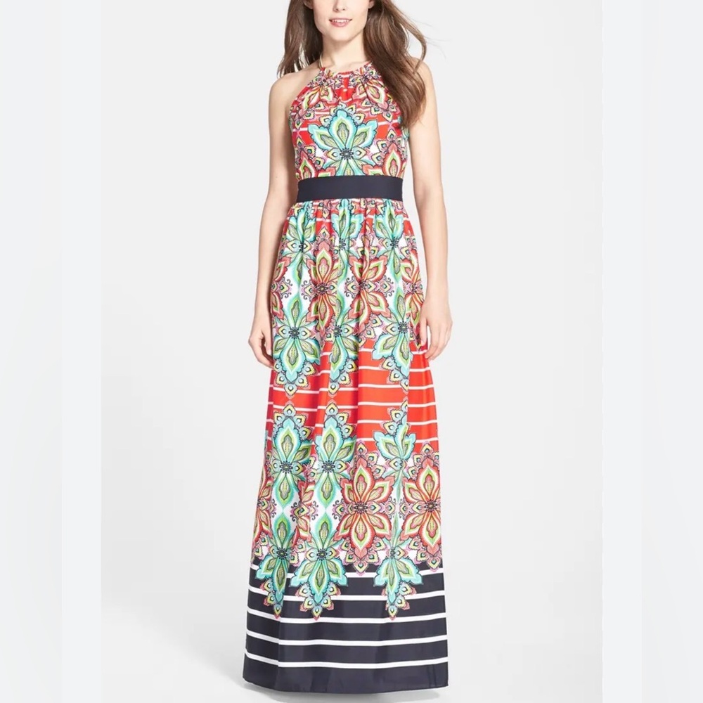 Eliza J Women’s Halter Maxi Dress Size 4 Floral Stripe Print Crêpe de Chine